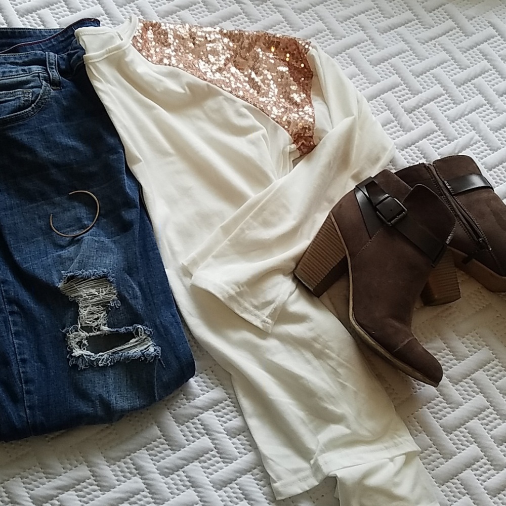 Sequin Shoulder Long Sleeve Top